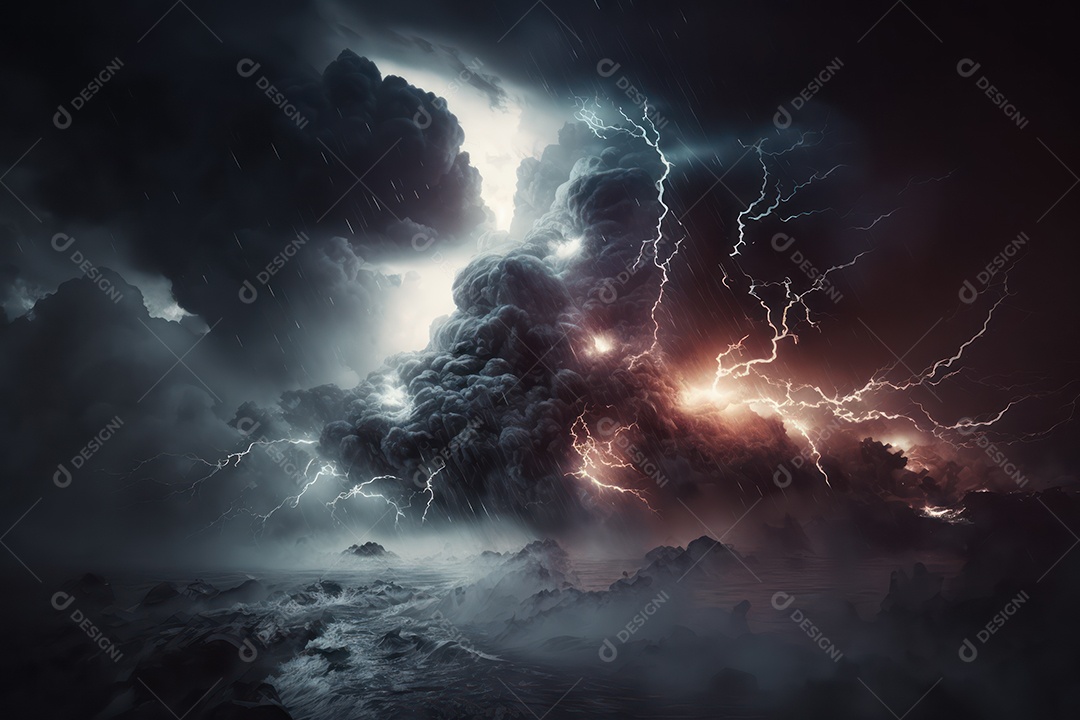Enorme imagem de tempestade de nuvens volumosas e furacões, chuva, ventos fortes, raios e clima tempestuoso dramático