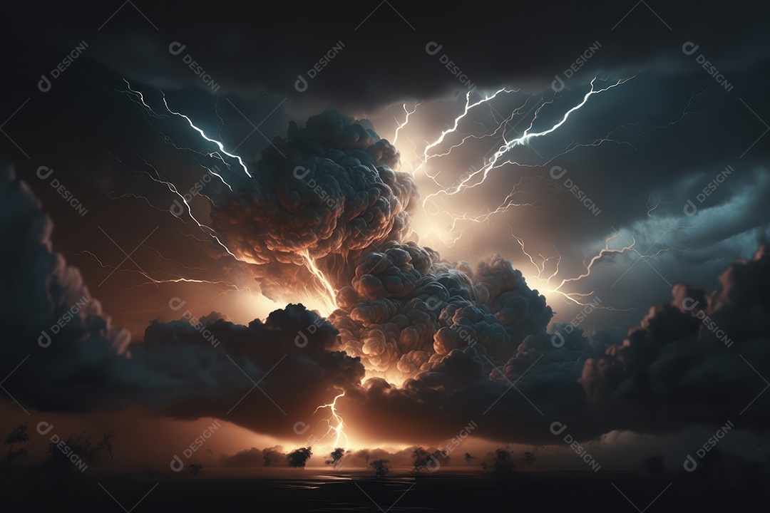 Enorme imagem de tempestade de nuvens volumosas e furacões, chuva, ventos fortes, raios e clima tempestuoso dramático