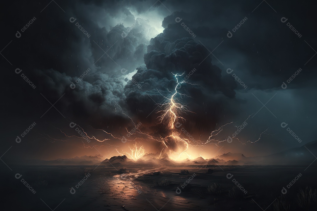 Enorme imagem de tempestade de nuvens volumosas e furacões, chuva, ventos fortes, raios e clima tempestuoso dramático