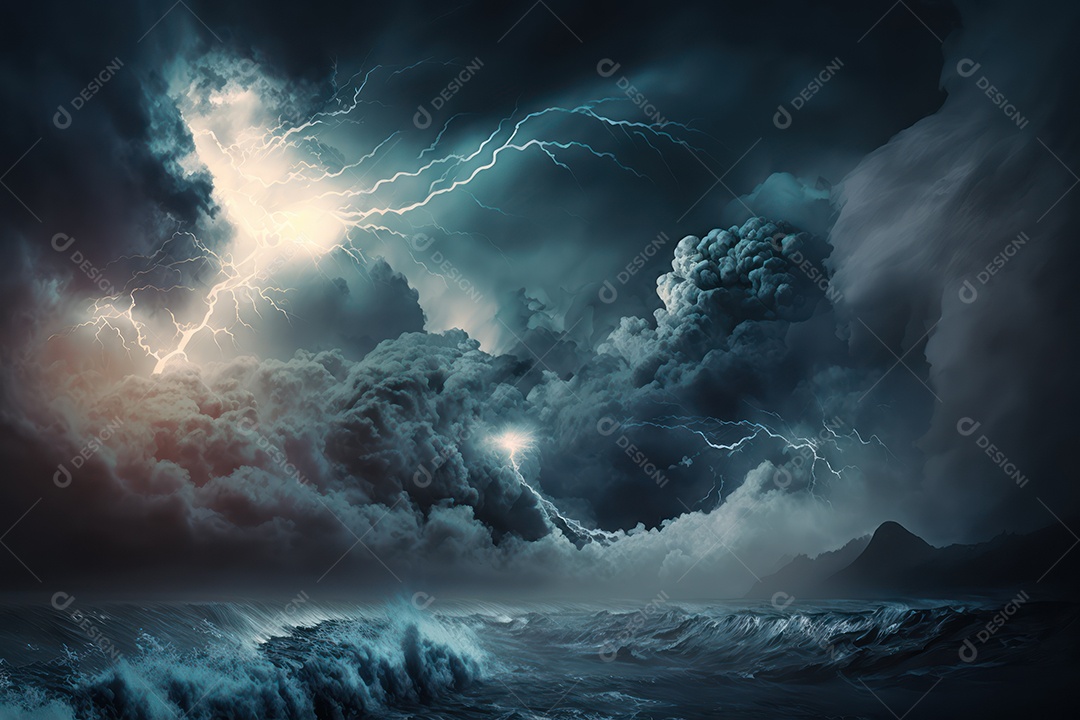 Enorme imagem de tempestade de nuvens volumosas e furacões, chuva, ventos fortes, raios e clima tempestuoso dramático