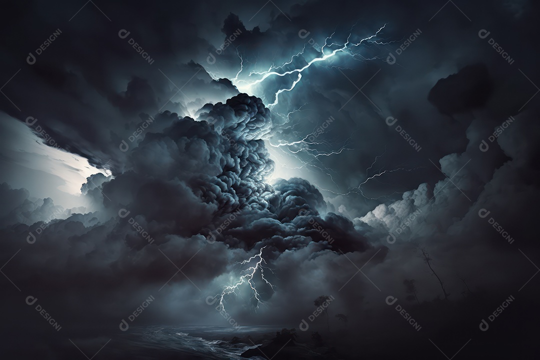 Enorme imagem de tempestade de nuvens volumosas e furacões, chuva, ventos fortes, raios e clima tempestuoso dramático