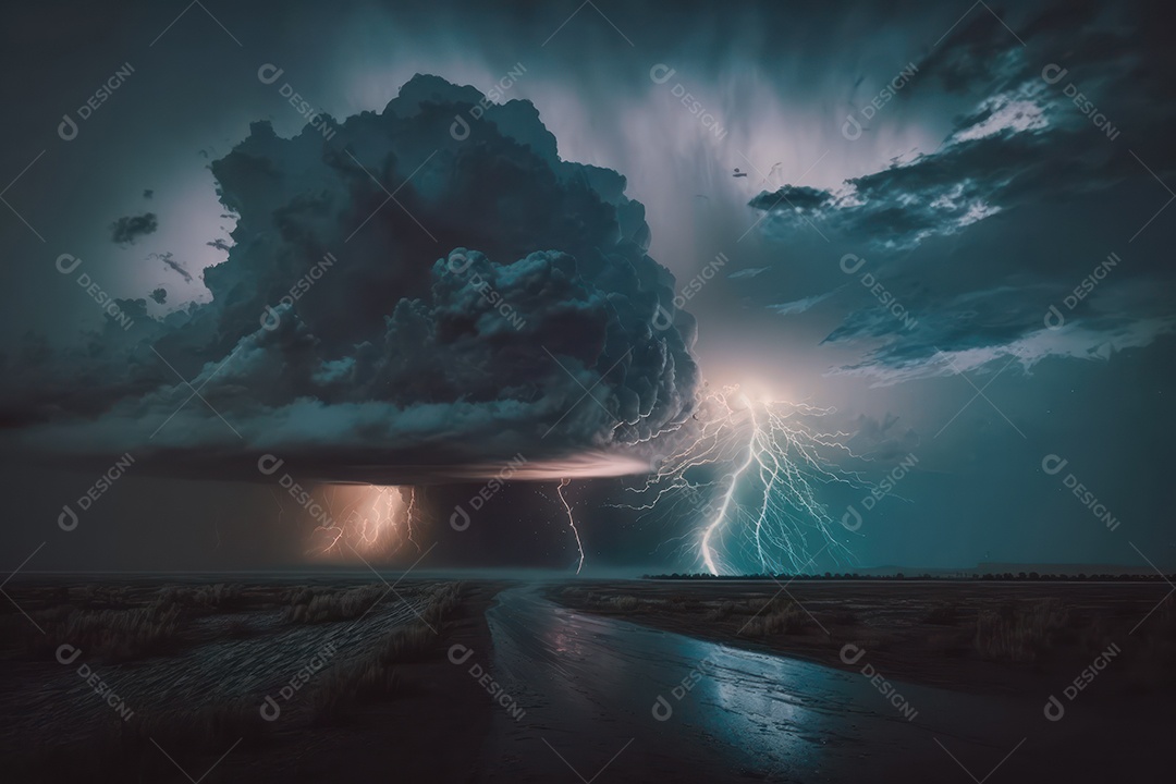 Enorme imagem de tempestade de nuvens volumosas e furacões, chuva, ventos fortes, raios e clima tempestuoso dramático