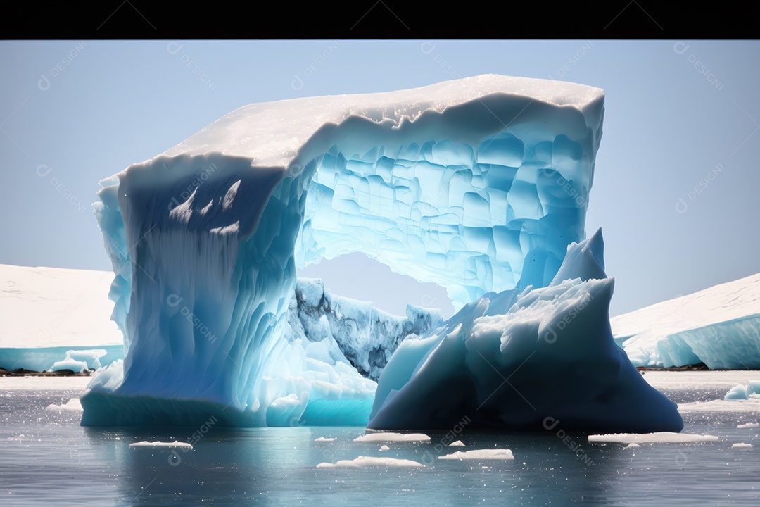 Um belo e grande iceberg no mar da Península Antártica com a Aurora Boreal ao fundo