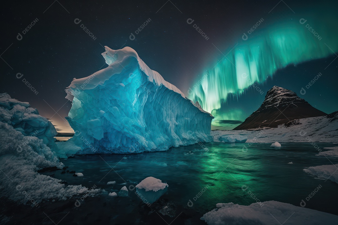Um belo e grande iceberg no mar da Península Antártica com a Aurora Boreal ao fundo