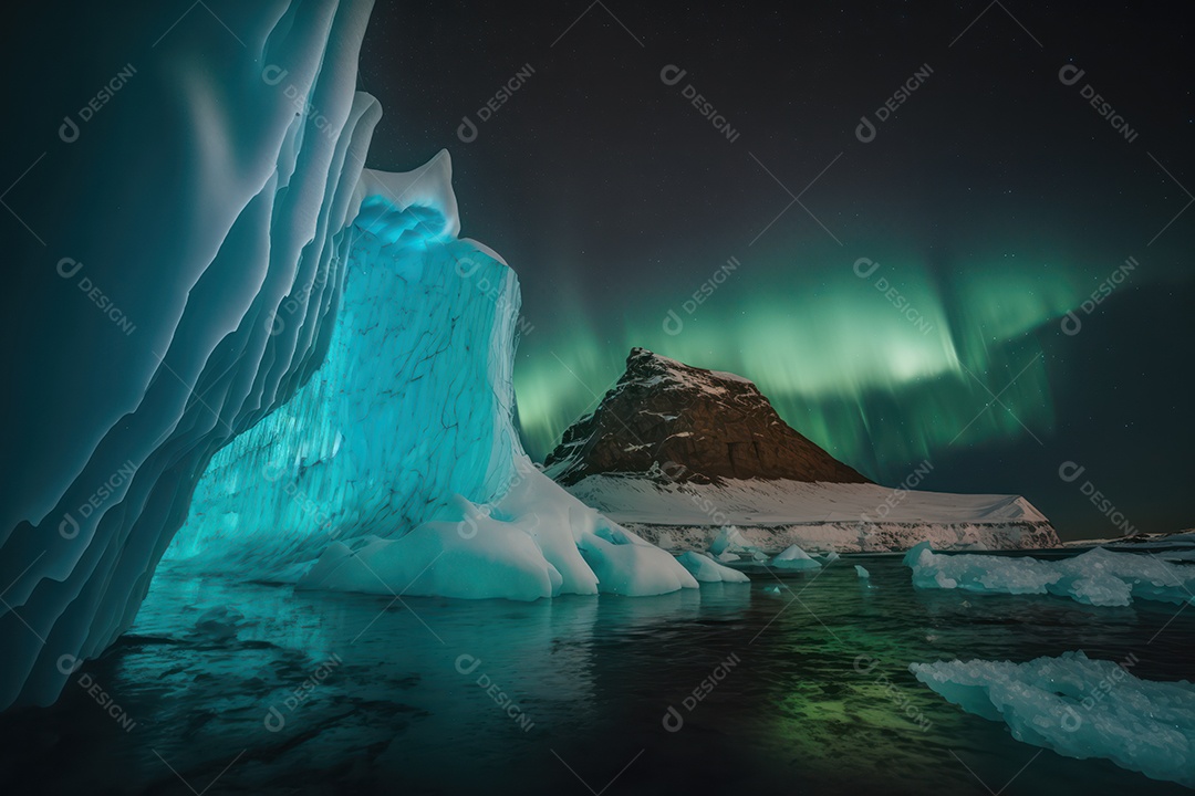 Um belo e grande iceberg no mar da Península Antártica com a Aurora Boreal ao fundo