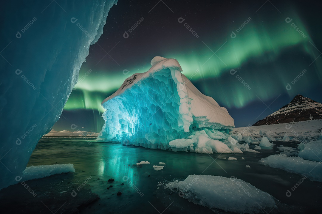 Um belo e grande iceberg no mar da Península Antártica com a Aurora Boreal ao fundo
