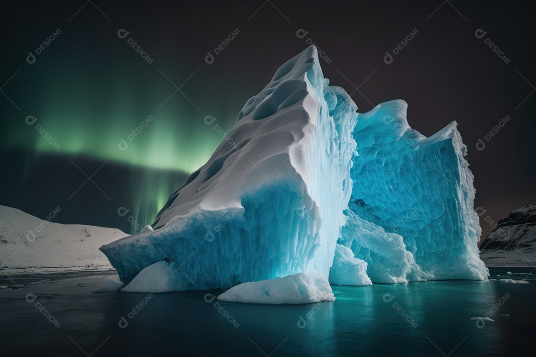 Um belo e grande iceberg no mar da Península Antártica com a Aurora Boreal ao fundo