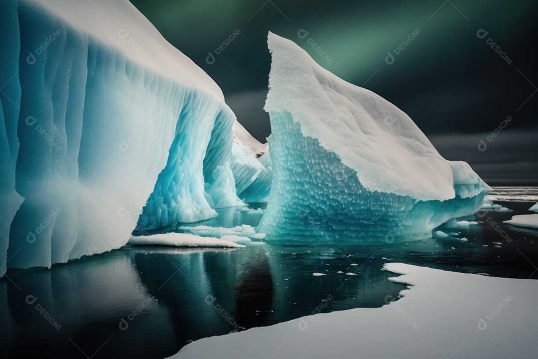 Um belo e grande iceberg no mar da Península Antártica com a Aurora Boreal ao fundo