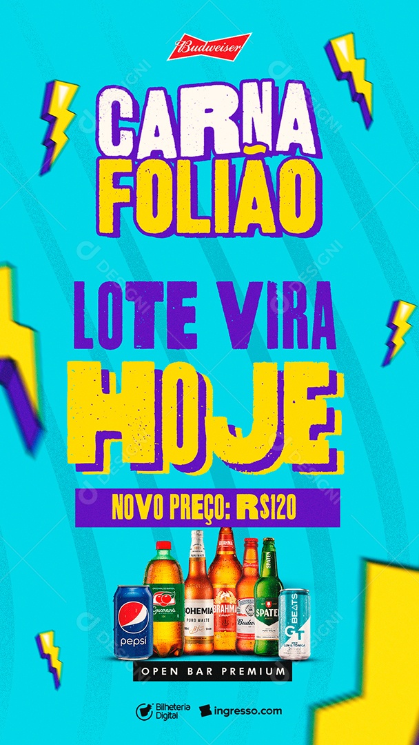 Story Carna Folião Lote Vira Hoje Novo Preço 120,00 Flyer Carnaval Social Media PSD Editável