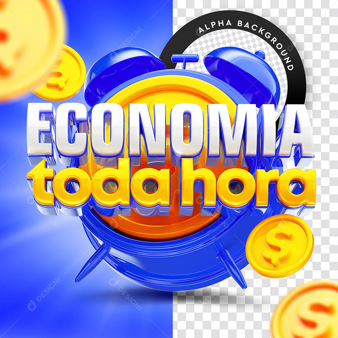 Selo 3D Economia Toda Hora Azul PSD Editável