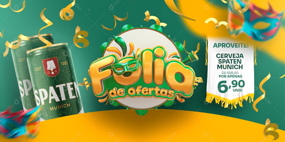 Banner Carnaval Folia de Ofertas Cerveja Spaten Munich 6,90 Social Media PSD Editável