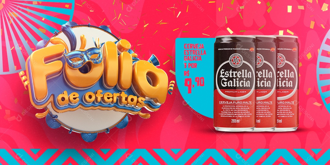 Banner Carnaval Cerveja Estrella Galicia 9,90 Social Media PSD Editável