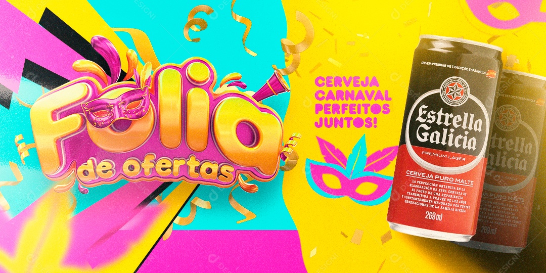 Banner Carnaval Cervejaria Folia de Ofertas Cerveja Estrella Galicia Social Media PSD Editável