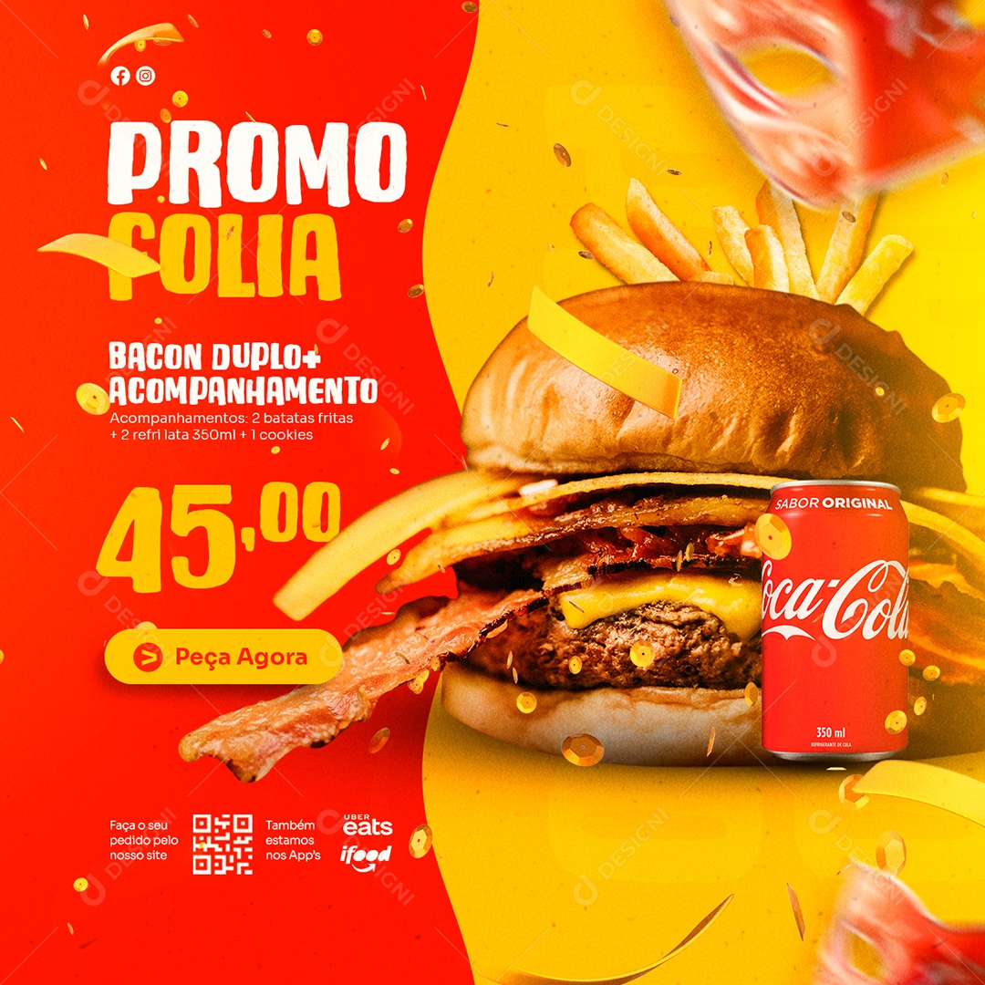 Promo Folia Bacon Duplo + Acompanhamento 45,00 Carnaval Hamburgueria Social Media PSD Editável