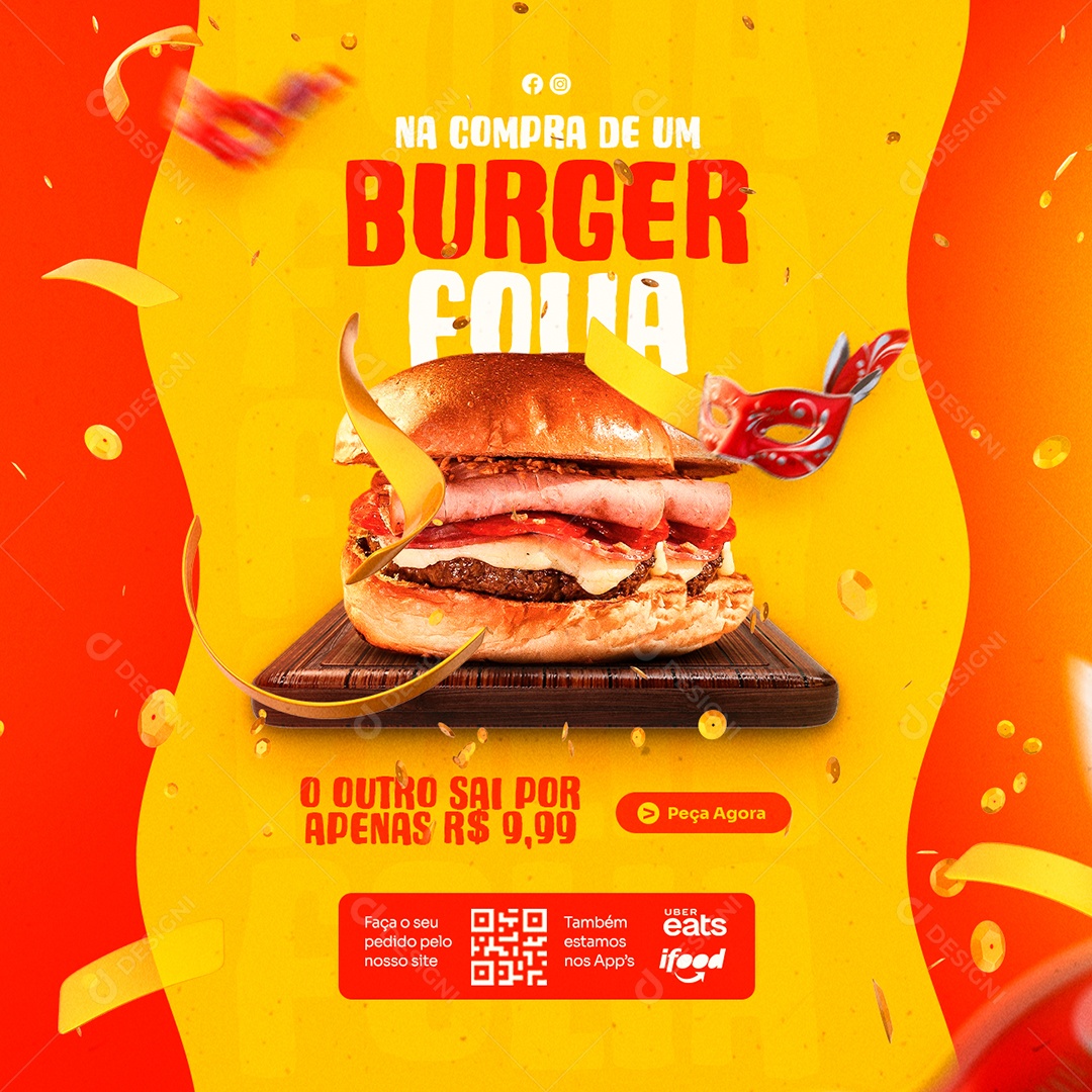 Na Compra de Um Burger Folia o Outro Sai Por Apenas 9,99 Carnaval Hamburgueria Social Media PSD Editáveç