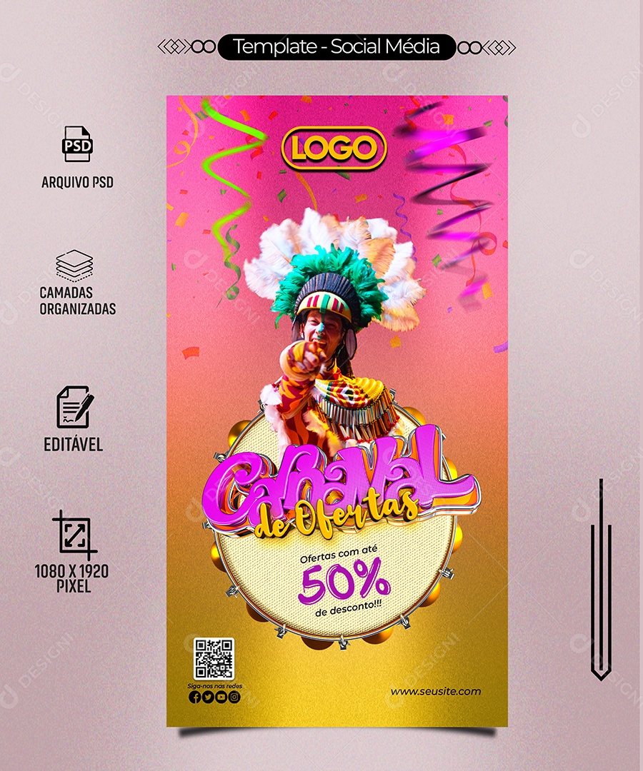 Story Carnaval de Ofertas Com Até 50% de Desconto Social Media PSD Editável