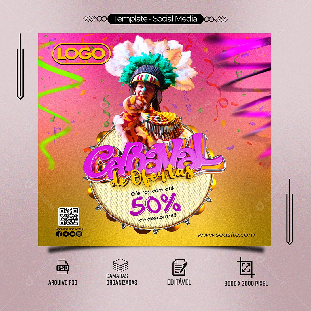 Carnaval de Ofertas Com Até 50% de Desconto Social Media PSD Editável