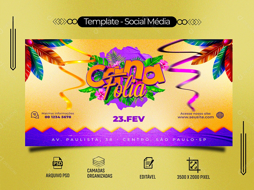 Banner Carna Folia 23 de Fevereiro Carnaval Salão Social Media PSD Editável