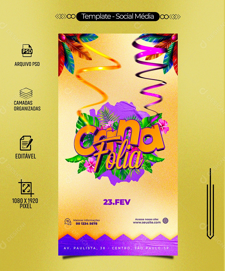 Story Carna Folia 23 de Fevereiro Carnaval Salão Social Media PSD Editável