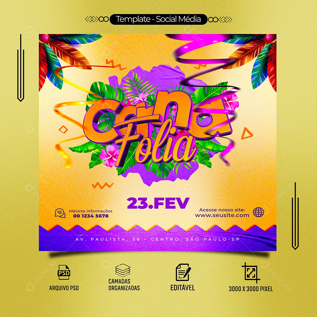 Carna Folia 23 de Fevereiro Carnaval Salão Social Media PSD Editável