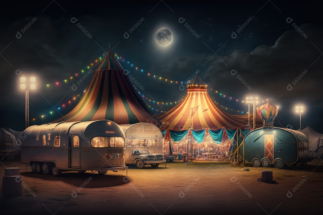 Um grande e famoso circo brilhante e colorido com um parque de diversões, trailers, caminhões e motorhomes