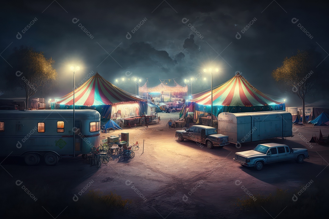 Um grande e famoso circo brilhante e colorido com um parque de diversões, trailers, caminhões e motorhomes