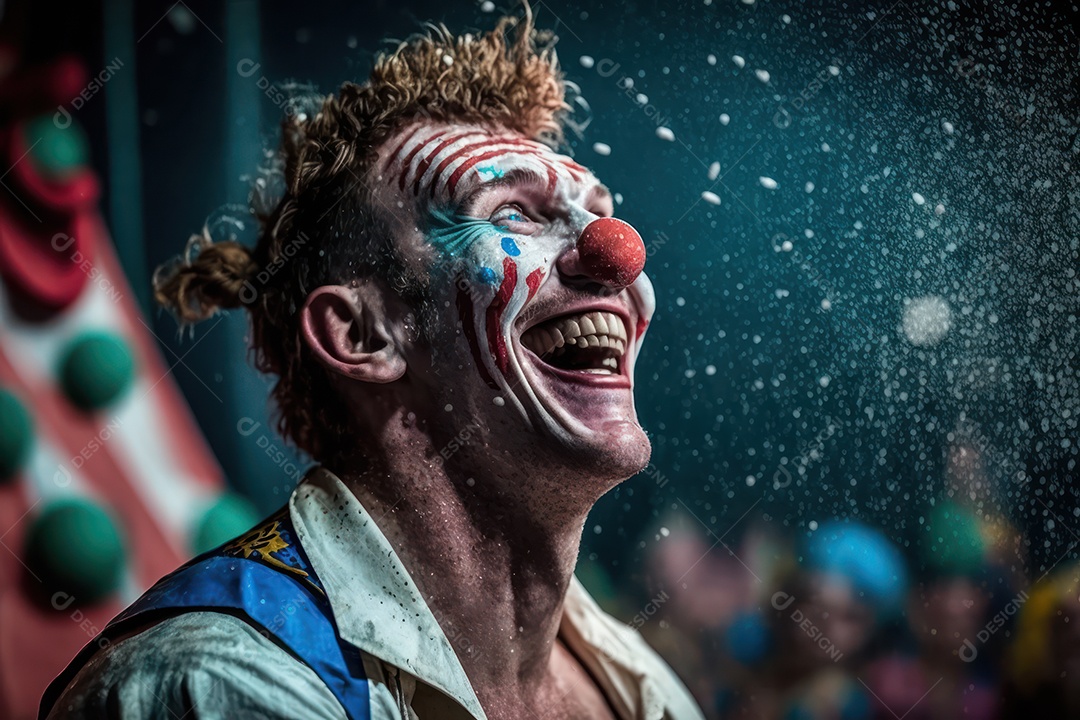 A imagem de um belo palhaço sorridente, com lágrimas de alegria no rosto, simboliza a pureza e a inocência do circo