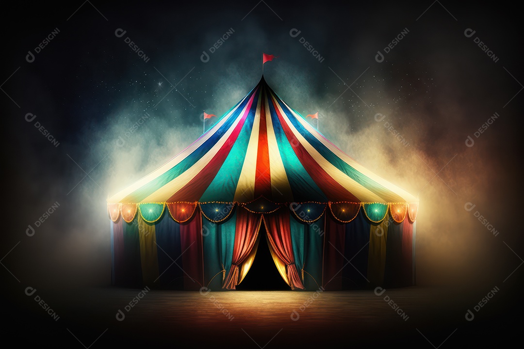 Um grande e famoso circo brilhante e colorido com um parque de diversões, trailers, caminhões e motorhomes