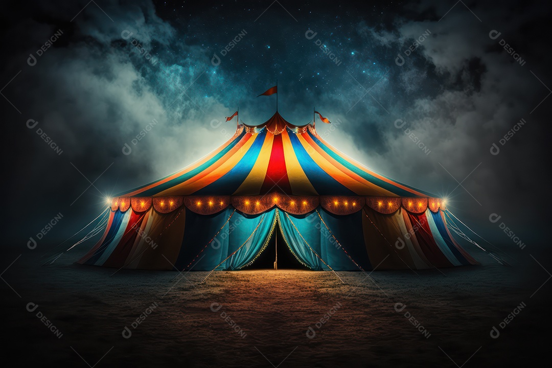 Um grande e famoso circo brilhante e colorido com um parque de diversões, trailers, caminhões e motorhomes