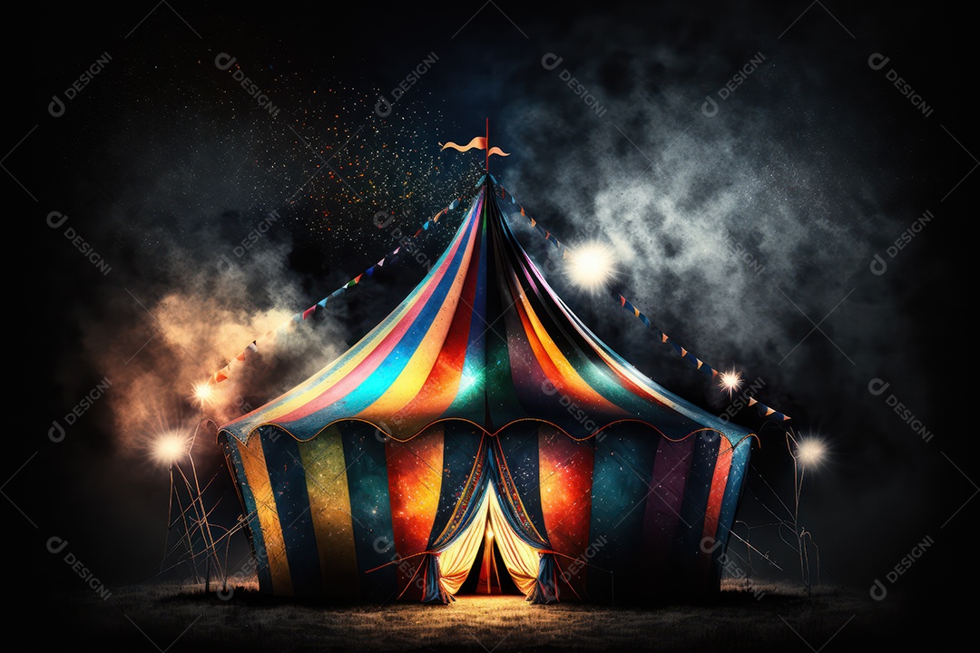Um grande e famoso circo brilhante e colorido com um parque de diversões, trailers, caminhões e motorhomes