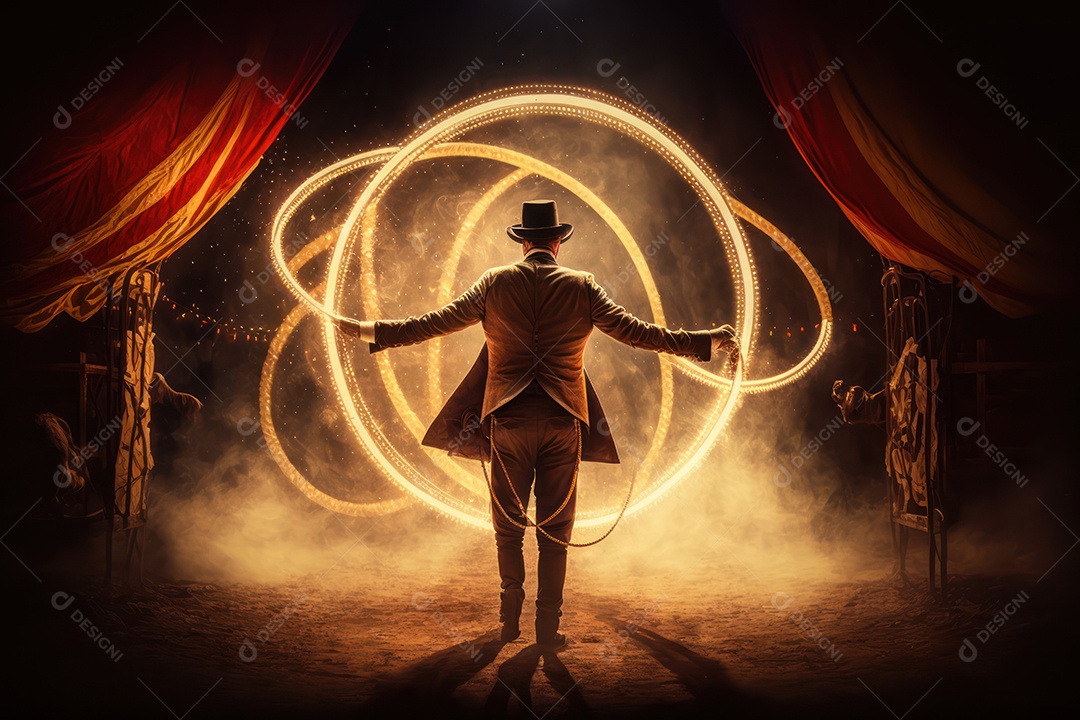Uma imagem de um ilusionista realizando mágica no circo, simbolizando a pureza, inocência e magia do circo