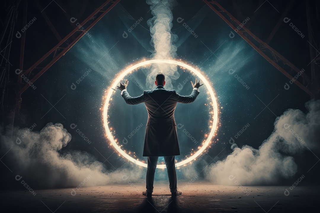 Uma imagem de um ilusionista realizando mágica no circo, simbolizando a pureza, inocência e magia do circo
