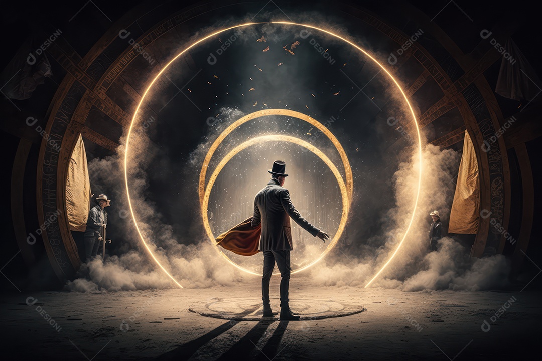 Uma imagem de um ilusionista realizando mágica no circo, simbolizando a pureza, inocência e magia do circo
