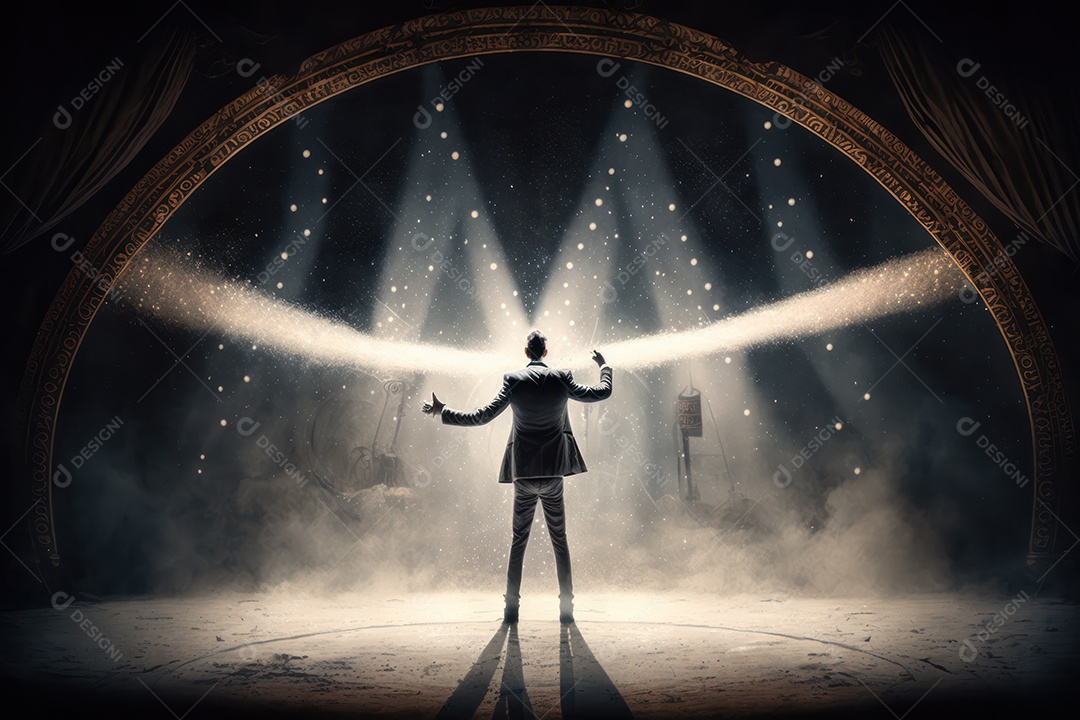 Uma imagem de um ilusionista realizando mágica no circo, simbolizando a pureza, inocência e magia do circo