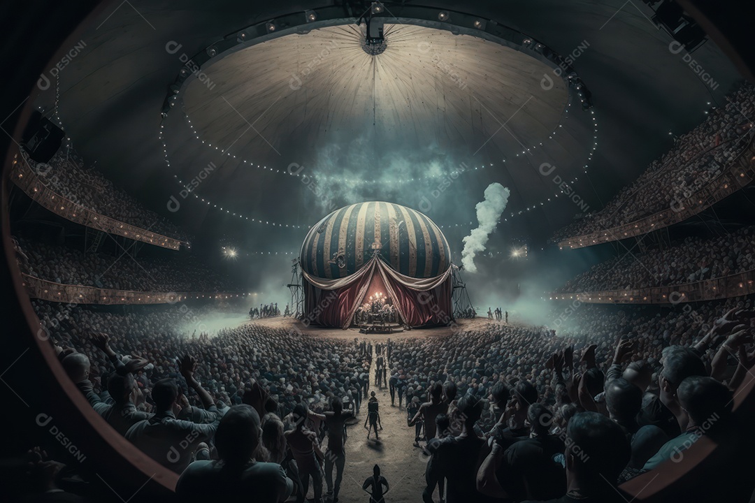 Um grande e famoso circo brilhante e colorido com um parque de diversões, trailers, caminhões e motorhomes