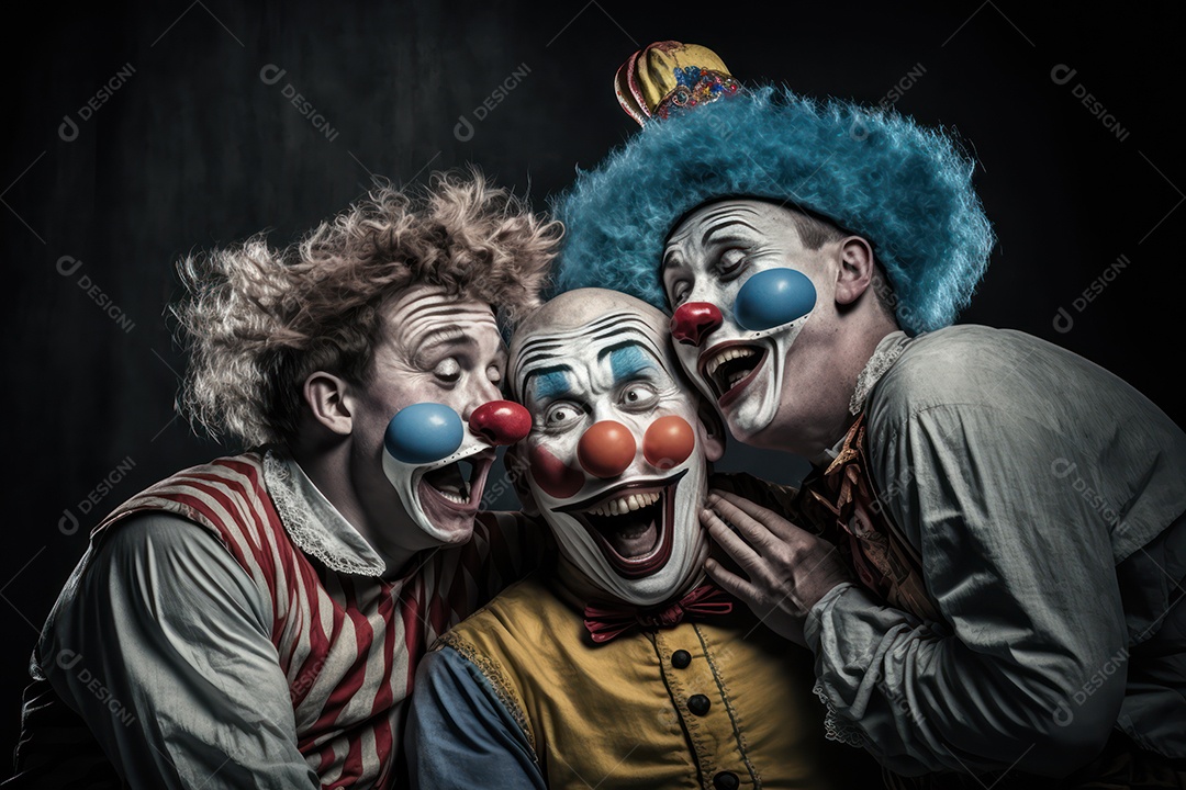 Uma imagem de três palhaços fazendo truques e brincadeiras no picadeiro, pureza e inocência do circo