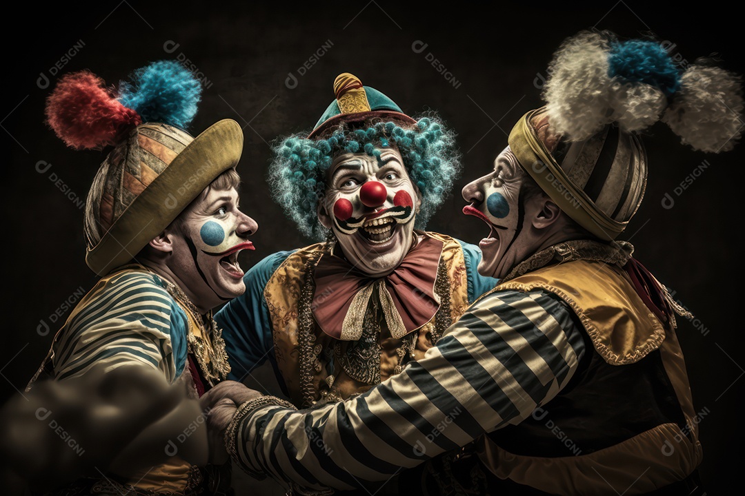 Uma imagem de três palhaços fazendo truques e brincadeiras no picadeiro, pureza e inocência do circo