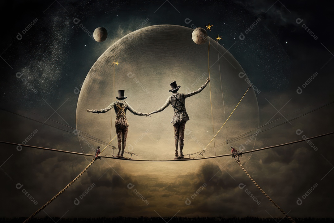 Malabaristas de corda bamba realizando acrobacias simbolizam a admiração pelo talento e dedicação dos artistas de circo