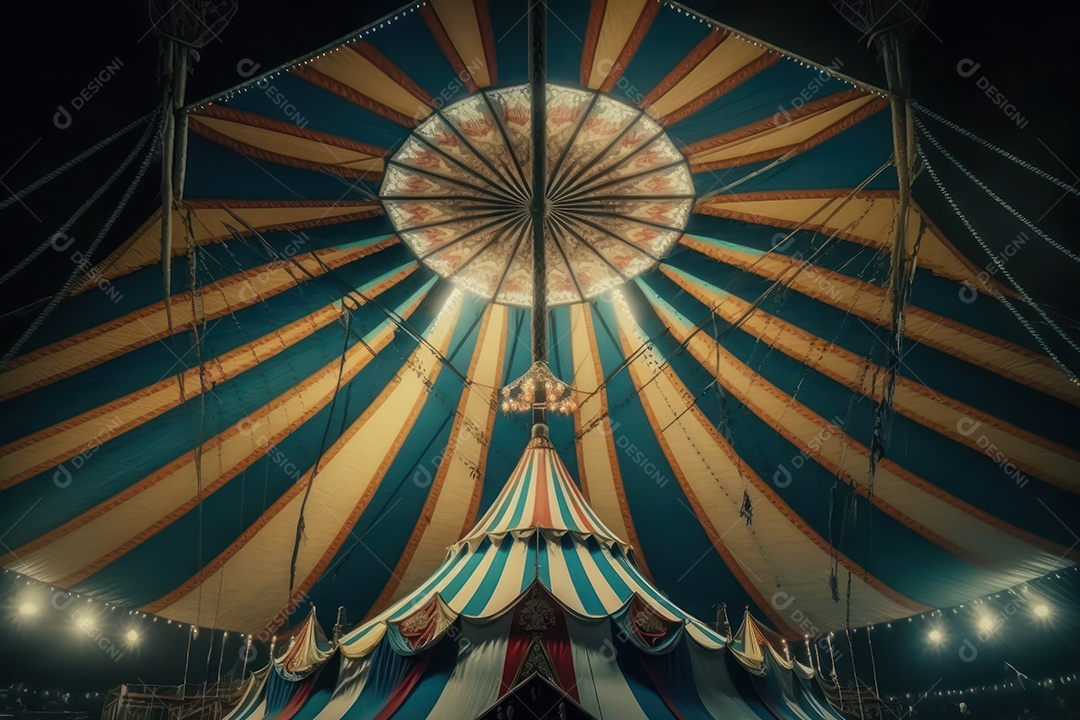Um grande e famoso circo brilhante e colorido com um parque de diversões, trailers, caminhões e motorhomes