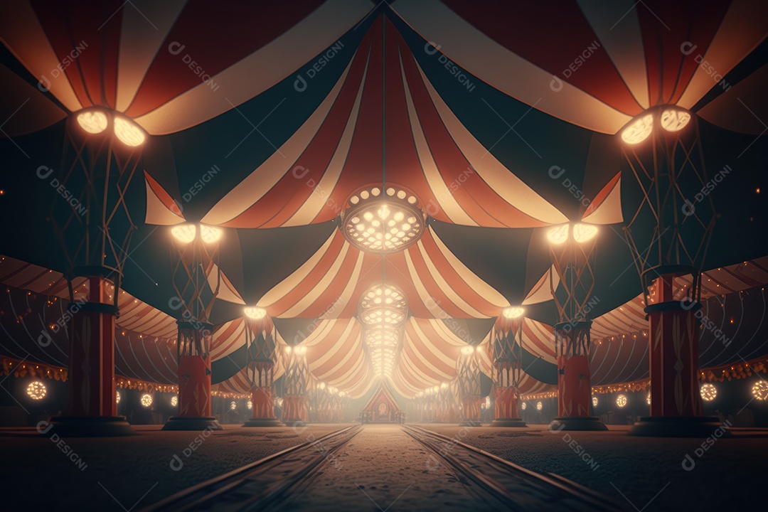 Um grande e famoso circo brilhante e colorido com um parque de diversões, trailers, caminhões e motorhomes