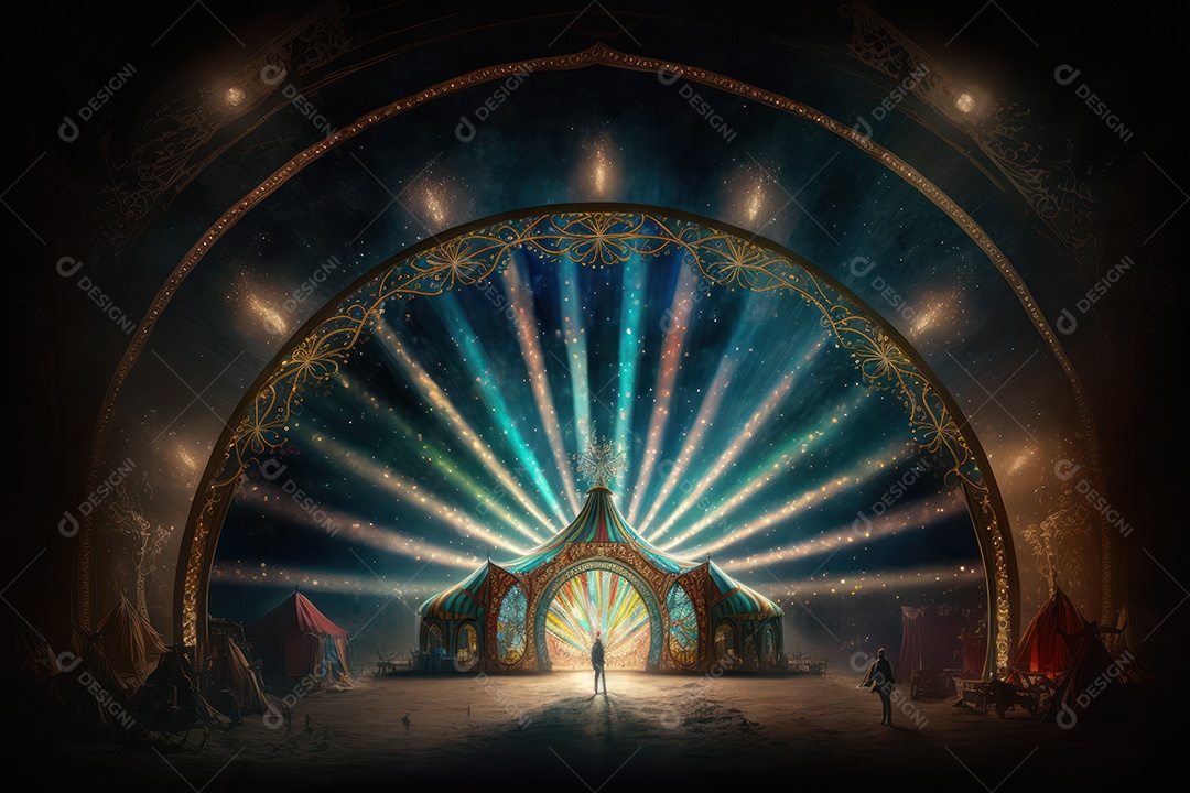 Um grande e famoso circo brilhante e colorido com um parque de diversões, trailers, caminhões e motorhomes