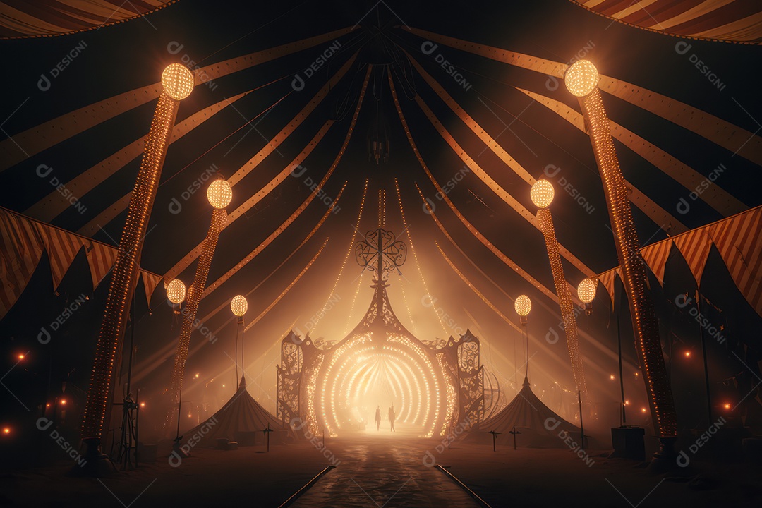 Um grande e famoso circo brilhante e colorido com um parque de diversões, trailers, caminhões e motorhomes