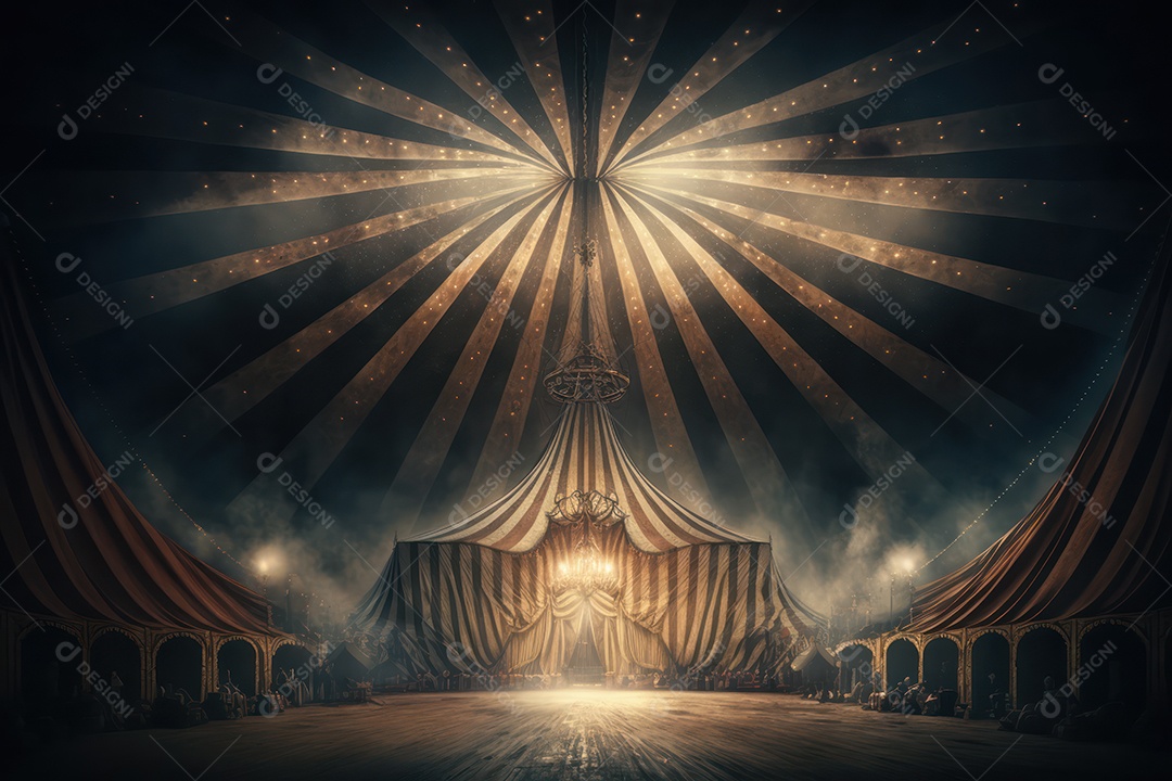 Um grande e famoso circo brilhante e colorido com um parque de diversões, trailers, caminhões e motorhomes