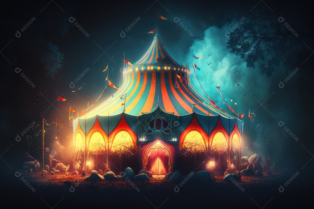 Um grande e famoso circo brilhante e colorido com um parque de diversões, trailers, caminhões e motorhomes