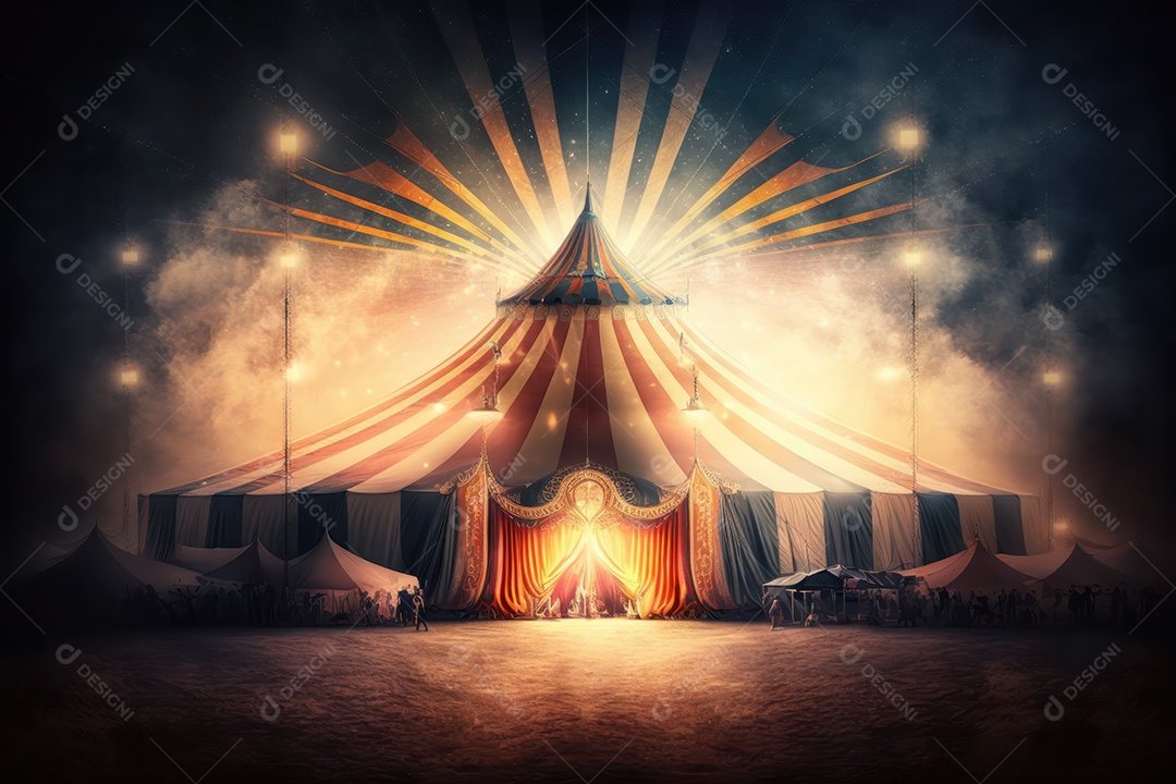 Um grande e famoso circo brilhante e colorido com um parque de diversões, trailers, caminhões e motorhomes