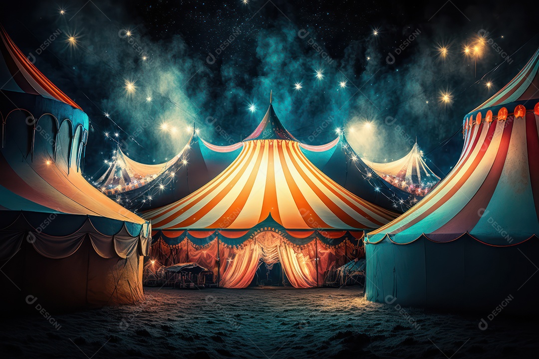 Um grande e famoso circo brilhante e colorido com um parque de diversões, trailers, caminhões e motorhomes