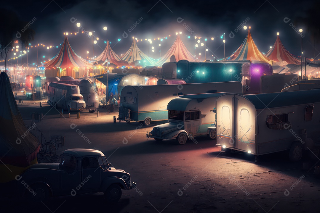 Um grande e famoso circo brilhante e colorido com um parque de diversões, trailers, caminhões e motorhomes