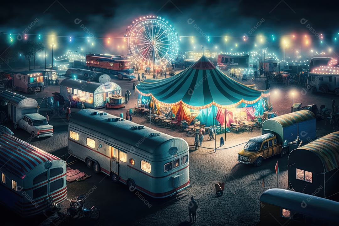 Um grande e famoso circo brilhante e colorido com um parque de diversões, trailers, caminhões e motorhomes