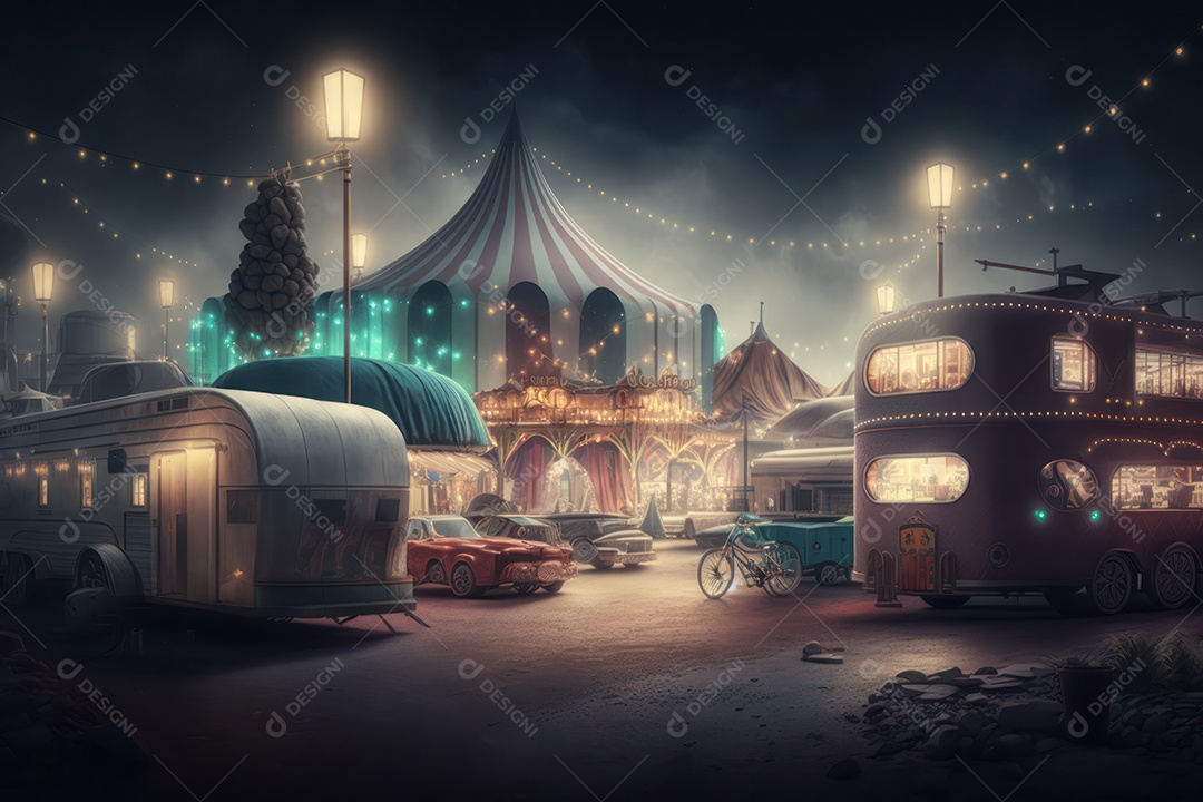 Um grande e famoso circo brilhante e colorido com um parque de diversões, trailers, caminhões e motorhomes