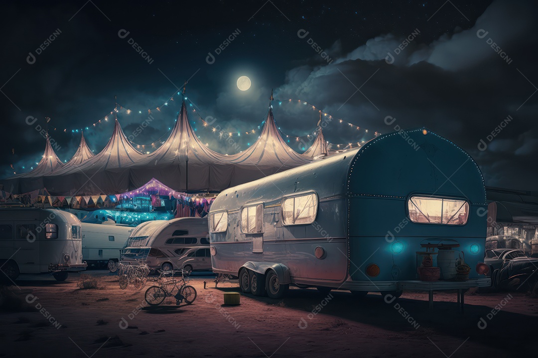 Um grande e famoso circo brilhante e colorido com um parque de diversões, trailers, caminhões e motorhomes